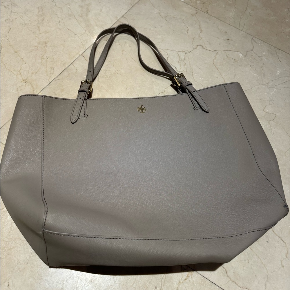 Tory Burch grey/ or taupe tote with gold hardware